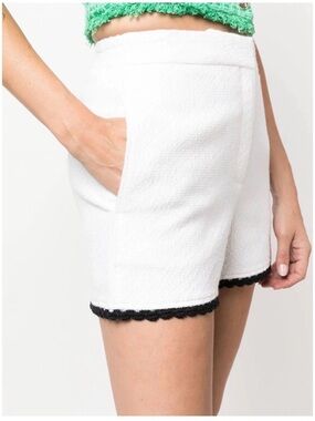Maje White High-Waist Tweed Shorts with Black Crochet Trim